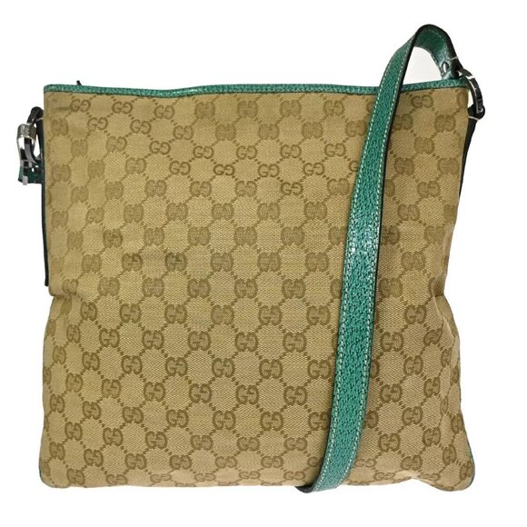 GUCCI Logo GG Pattern Crossbody Shoulder Bag Canvas Leather Beige Green - Picture 1 of 16